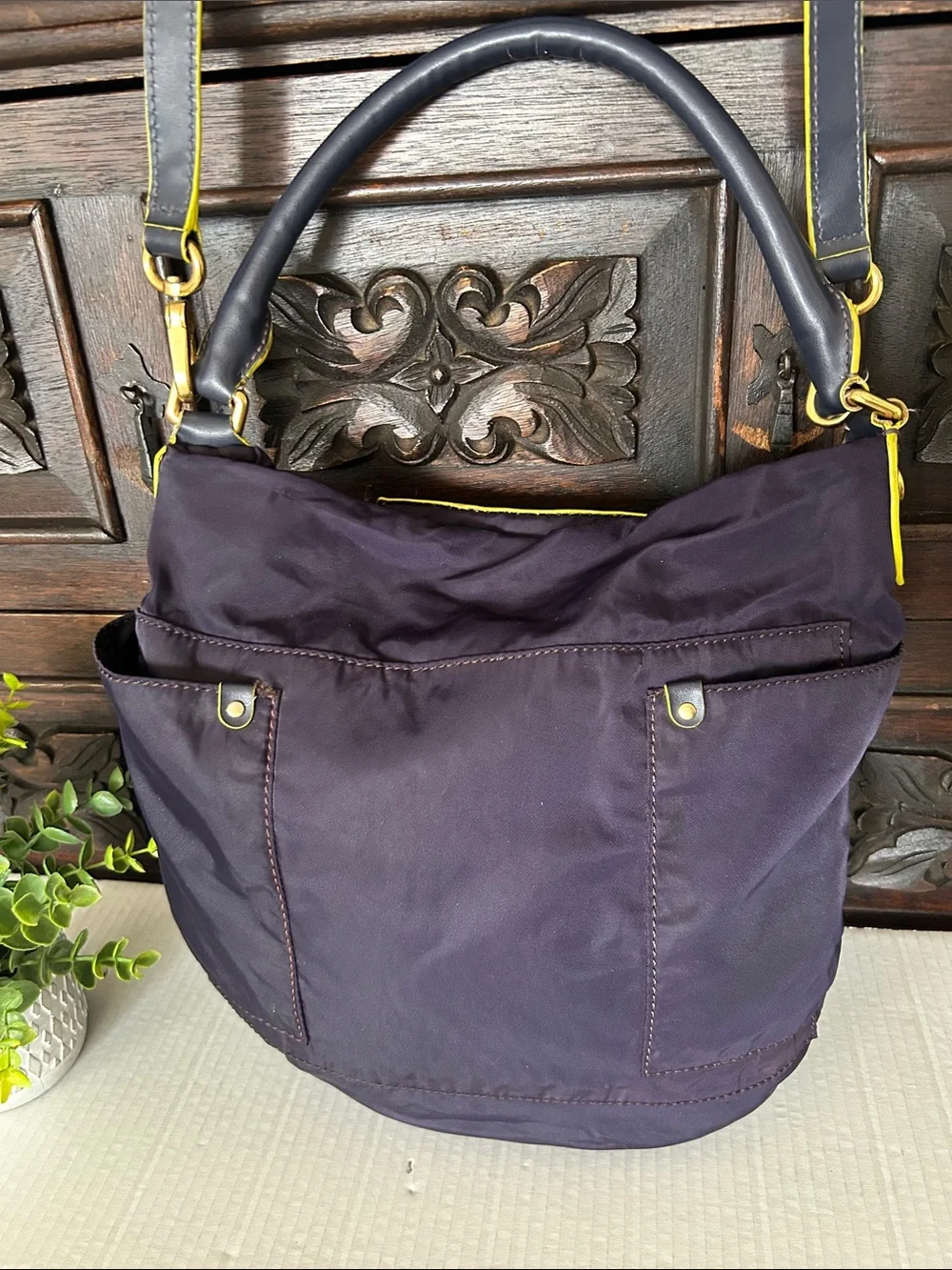 Marc Jacobs Nylon Navy Blue Shoulder Bag with Yellow Trim